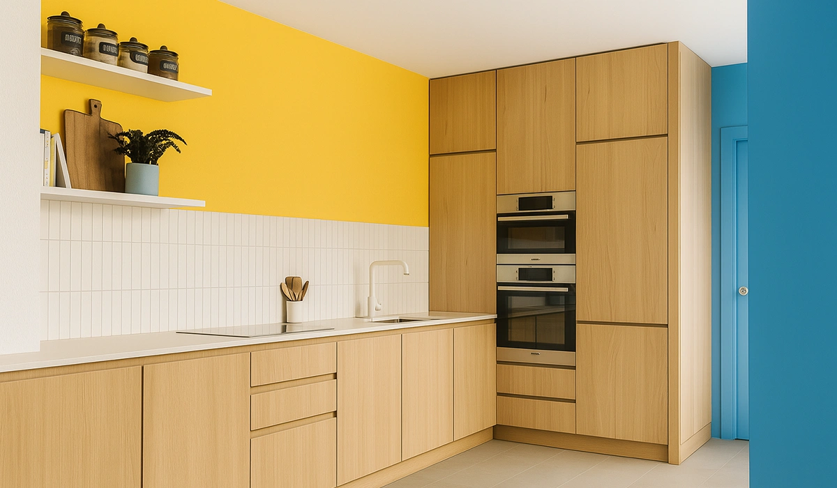 Cocina contemporánea en madera clara con acento amarillo y diseño luminoso.